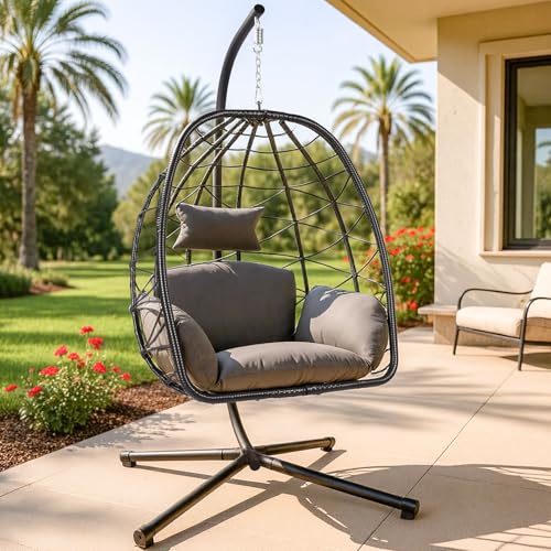 Egg Chair with Stand Outdoor Ratten Wicker Hanging Egg Chair Outdoor Indoor with Thickened Cushion Swing Chair Hammock for Patio Apartment Bedroom Garden Balcony (Dark Grey Wicker+Grey Cushion)