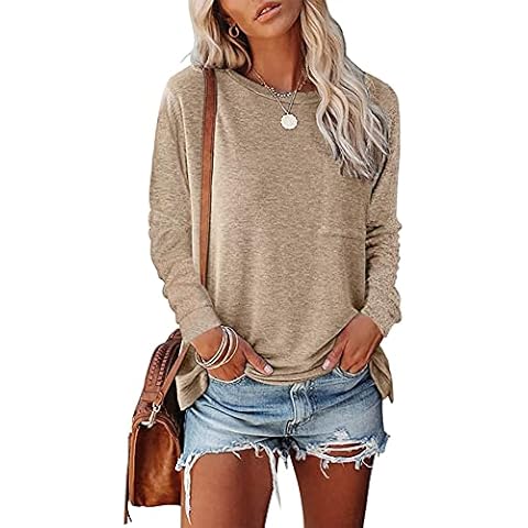 KINGFEN Womens Long Sleeve T Shirt Solid Color Party Sexy Tops for Women UK Autumn Fashion Soft Round Neck Longline Tops Khaki Size UK 20 Cover