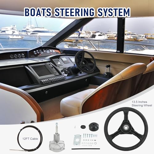 CARMOCAR 12ft Boat Steering Cable Steering System,Outboard Rotary Steering Kit with 13.5 Inch steering wheel,3/4\" Tapered Shaft replacement for Marine Boat