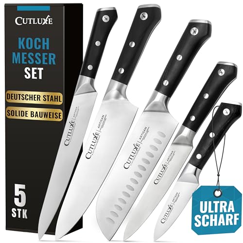 Cutluxe Kochmesser Set (5-Teiliges) – Profi Küchenmesser Set – Scharfe Messer – Hochwertiger Deutscher Kohlenstoffstahl, Durchgehender Erl, Rasiermesserscharf, Ergonomische Griffe – Artisan Serie