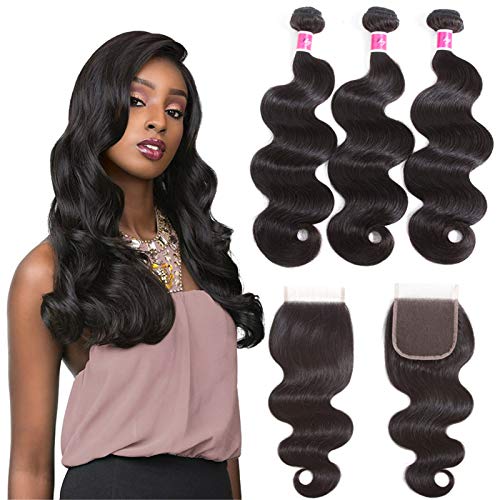 SKYDO Body Wave Human Hair 3 Bundles with Closure (20 22 24 +18) 100% Unprocessed Brazilian Hair Bundles With Closure Double Weft Body Wave Hair with Closure 4X4 Lace Free Part Natural Black Hair