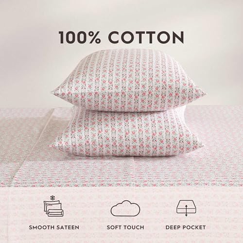 Image of Laura Ashley - King Sheet Set, Buttery-Soft Bed Sheets with a Naturally Silky Smooth Cotton Sateen Lightweight Feel - Matching Pillowcases & Fitted Sheet (Marta Stripe Pink)