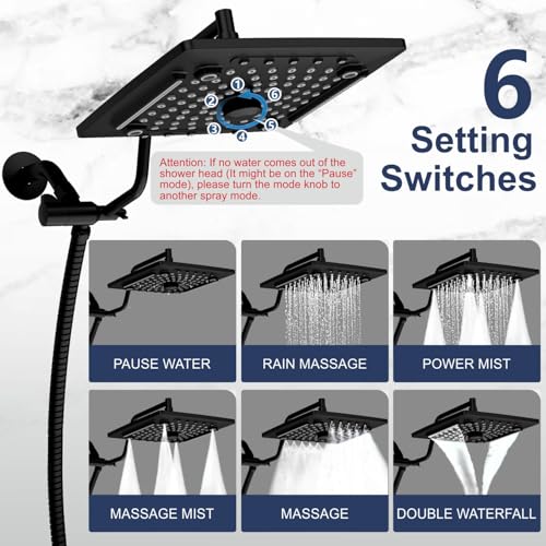 Image of ELLO&ALLO Rain Shower Head with Handheld Spray, Rainfall Shower Head Combo with 60 inch Hose, Dual Showerhead Set with Adjustable Shower Extension Arm, Matte Black