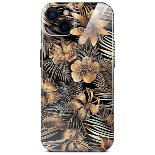 Coque fleurs iPhone 15 finition Or Noir rigide fine étui premium floral