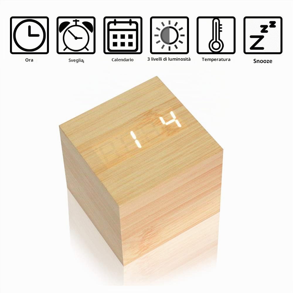 Sveglia In Legno - Cubo Ha Portato L'Orologio Digitale Con Visualizzazione Di Ora Temperatura, 3 Livelli Di Luminosità E Controllo Vocale Ideale Per I Viaggi In Ufficio - AC10Yellow_White