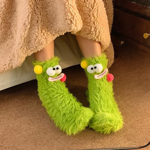 Image of Coral Velvet Cartoon Monster Funny Socks: 3D Novelty Warm & Cozy Fluffy Silly Socks for Women