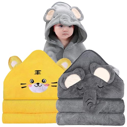 Image of ROXANEPIG 2 Pack Hooded Baby Towels for Newborn, Baby Bath Towel with Hood for Babies, Infant, Toddler and Kids, Soft and Absorbent Newborn Essential(Elephant & Tiger)