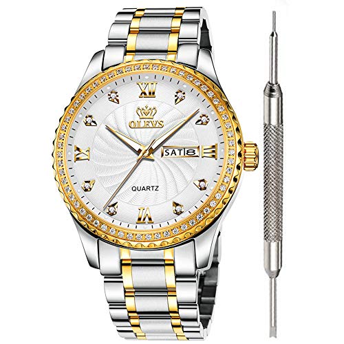 OLEVS White Diamond Watches for Men Waterproof Gold Luxury Best Watches for Men Calendar Brand Fine Wrist Watch Stainless Steel Classic Analog Quartz Watch Christmas