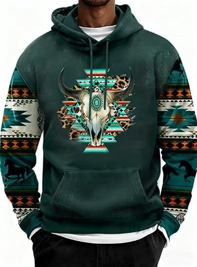 Men's Western Hoodies Ethnic Print Graphic Sweatshirt Retro Long Casual Drawstring Pullover with Pocket - Image 2