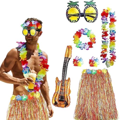 Marypaty Falda Hawaiana Niña 8 Piezas Disfraz Hawaiano Mujer con Guirnaldas de Flores Collar Diadema Gafas de Sol Guitarras hinchables Playa Favor de Partido Adultos (Multi 1 (Hombre))