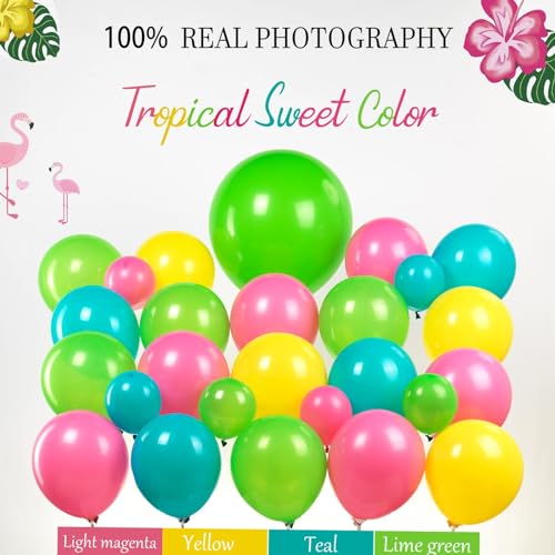 Image of Summer aloha garland arch kit 150pcs Magenta Pink teal green yellow balloon with tropical flowers flamingo diy Giant Pineapple aloha letter balloon for hawaii aloha luau theme party decorations