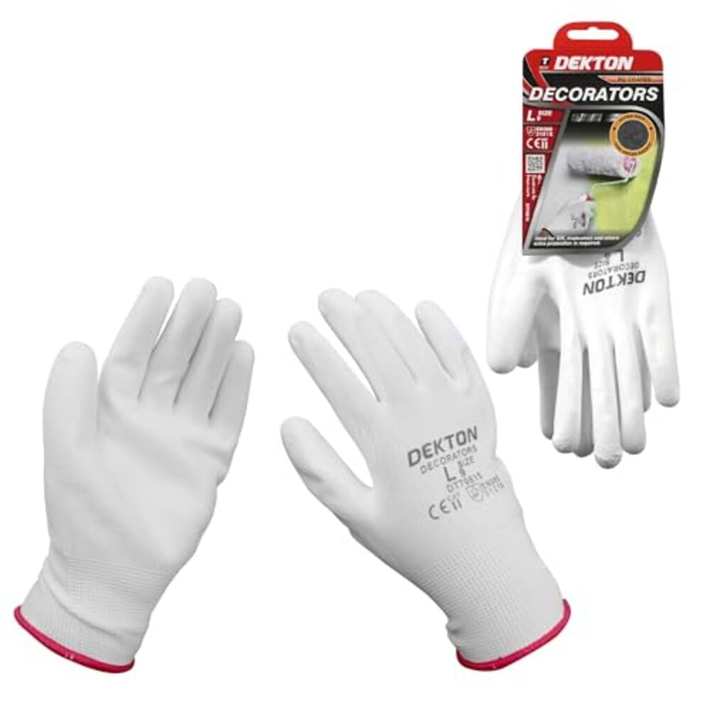 Dekton White 9/L Decorators Pu Coated Working Gloves | Flexible & Strong Protection | Ideal For Workshop & Diy Tasks | Anti-Slip Latex Coating | Ce Cat 2 & En388 Certified For Superior Mechanical Protection