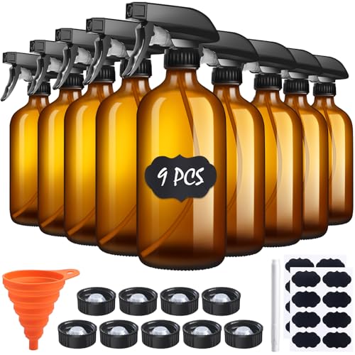 sietpoek 9 Pack Glass Spray Bottle 16oz, Empty Amber Spray Bottle Refillable Container for Essential Oils,Cleaning Products,Aromatherapy spray device