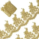 GORGECRAFT Cinta de Encaje con Bordado de Flores Y Lentejuelas de 2.7m Y 13cm Ribete de Encaje Veneciano Metálico Apliques de Color Dorado Oscuro Adorno de Borde de Corona de Encaje Floral