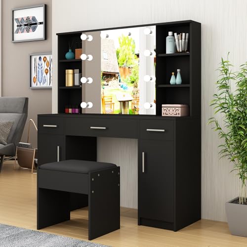 Komtopod Schminktisch mit LED-Beleuchtung, Frisiertisch mit Schiebespiegel, 3 Schubladen, 2 Türen und 6 Offenen Fächern, Moderne Schlafzimmerkommode aus Holz, 120 x 40 x 140cm (Schwarz)