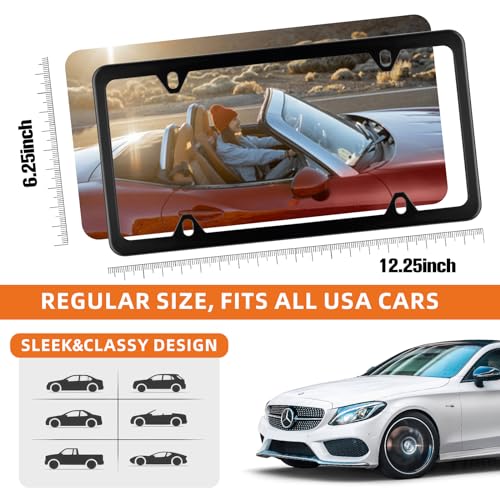 Black Matte License Plate Frames 2 Pack, Stainless Steel License Plate Cover, License Plate Holder with 4 Holes, Universal Tag Frames with Screws for car Front and Rear