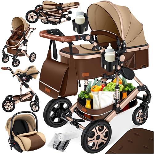 KESSER® Loops 4 in 1 Kinderwagen Kombikinderwagen Komplett-Set inkl. Babywanne & Buggy Sportsitz & Auto-Babyschale Voll-Gummireifen Wickeltasche Regenschutz Kindertisch ECE R129, Braun/Champagne