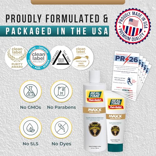 Image of Real Time Pain Relief MAXX Value Pack: 12oz MAXX Bottle, 3oz MAXX with Arnica & Menthol and 5 PR-26 Travel Packs for Soothing Discomfort in Hands, Feet, Back, Knees, Muscles & Joints