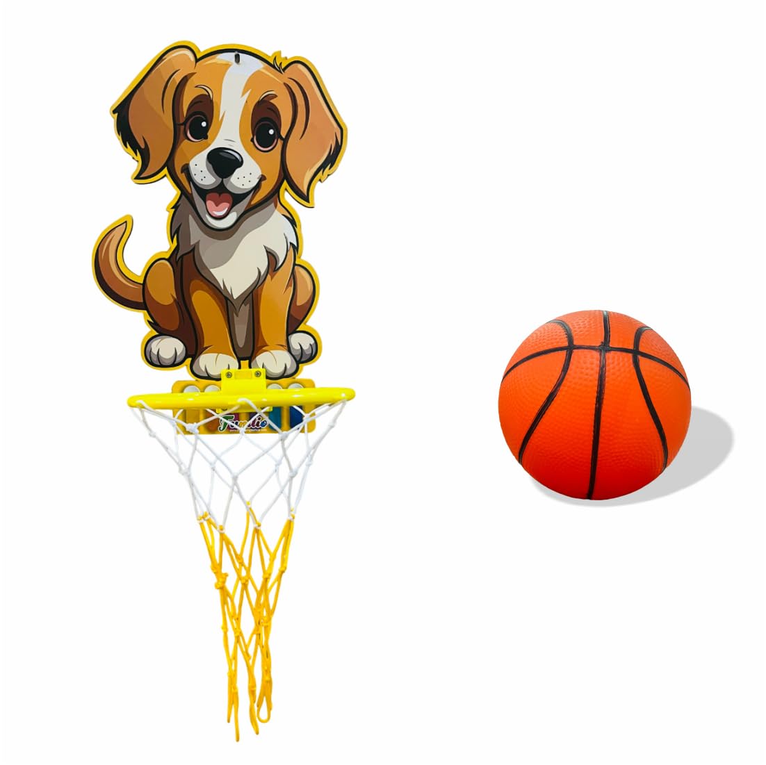 Fundio Kids Mini Basketball Hoop Set with Puppy Design, Yellow and White Net, Wall-Mountable, Dog Face Basket Ball for Kids for Boys and Girls | Toy Basketball 4