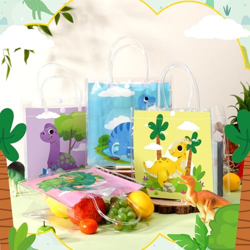 Image of Teenyyou 24 Pcs Dinosaur Clear Gift Bags with Handles Cute Dinosaur Party Favor Candy Snack Treat Bags for Birthday Baby Shower Dino Theme Party Supplies