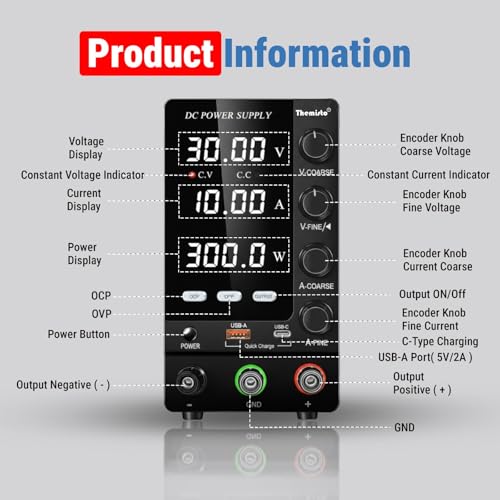 Image of Themisto TH-SPS3010S Adjustable DC Bench Power Supply 0-30V 0-10A, Regulated Switching Power Source with 5V /2A USB Output, 300W High Precision Lab Power Unit