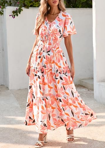 KIRUNDO Spring Summer Wedding Guest Dresses for Women 2026 Boho Floral Short Sleeve V Neck Ruffle Tiered Flowy Maxi Dress(Orange, Small) — view 3