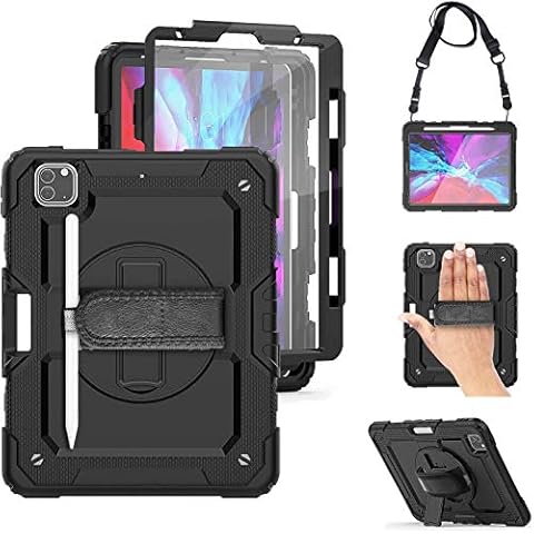 iPad Pro 12.9 Case 2020 with Pencil Holder [Support Apple Pencil Charging], TSQ iPad Pro 4th Generation Case w/Screen Protector, Heavy Duty Rugged Shockproof Cover w/Stand Hand Shoulder Strap, Black Cover