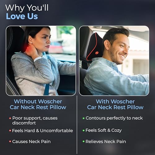 Image of Woscher Car Neck Pillow Memory Foam Headrest Cushion Helps Passengers Rest to Relieve Neck Pain and Improve Sitting Posture Universal Version for All Car Seats (Black Red)