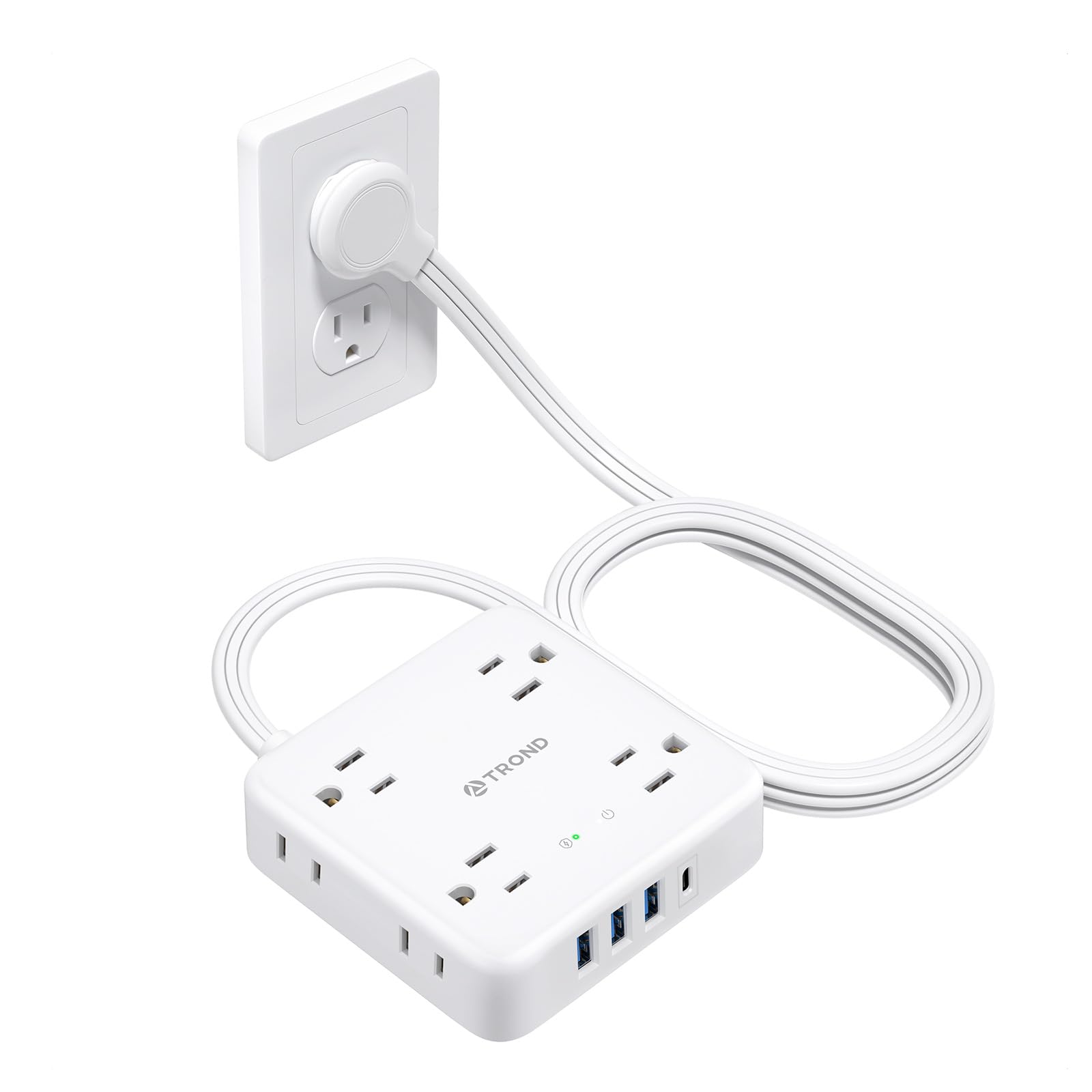 TROND - Ultra Thin Flat Plug Extension Cord Indoor with 4 USB Chargers, 5 Feet and 8 Outlet Computer Power Strip, Wall Mount for Supplies