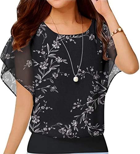 Neineiwu Womens Short Sleeve Chiffon Tops Casual Batwing Sleeve Blouses and Tops (White Leaves-Black S)