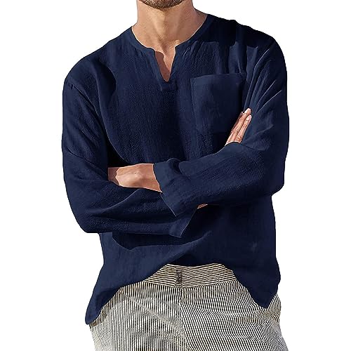 Men's Cotton Linen V-Neck Shirt Casual Long Sleeve Beach Shirt Lightweight Solid Color Tops with Pockets (Small,Navy Blue 2)