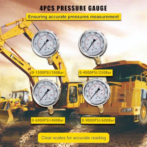 Image of LX Hydraulic Pressure Test Kit, 100 /250 /400 /600bar, 1500 /4000 /6000 /9000PSI, 4 Gauges 14 Test Couplings 4 Test Hoses, Hydraulic Gauge Kit with Aluminium Carrying Case for Excavator