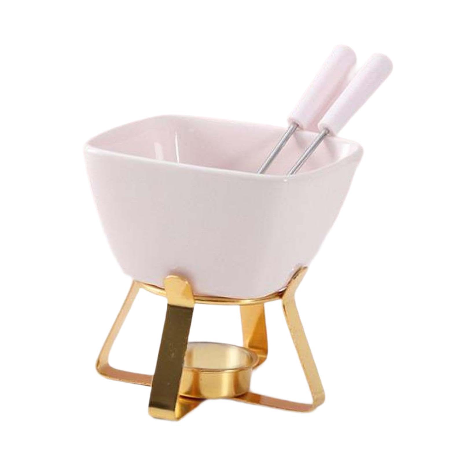 Pentola per Fonduta in Ceramica, Forchetta per Fonduta, Scaldavivande, Utensile Multifunzionale per Sciogliere Caramelle E Cioccolato, Rosa con Cremagliera Dorata
