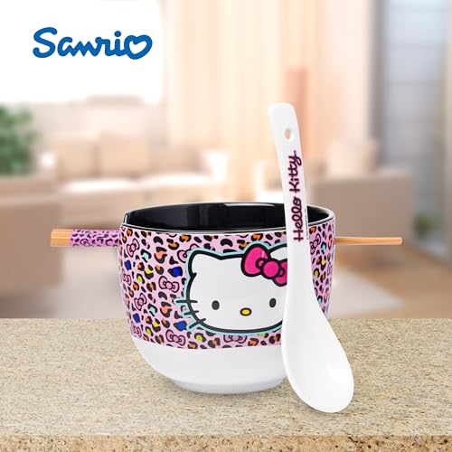 Image of Silver Buffalo Sanrio Hello Kitty Leopard, Ramen Bowl with Chopsticks, 20oz | Pink Print, Ceramic, Noodle Rice, Includes Spoon, Microwave Safe, 0.59 Liters