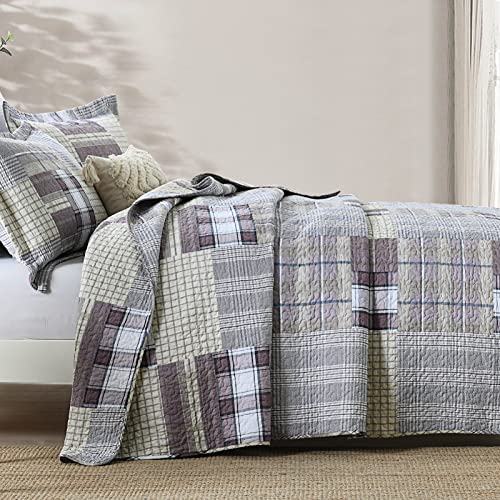 Sahsahcasa Quilt King Size, King Quilt Set, 100% Cotton King Quilt Bedding Set Bedspreads, Farmhouse Patchwork Reversible Plaid Lightweight Quilts Bedspread For King Bed, All Season, Purple, 3Pcs #TOP2