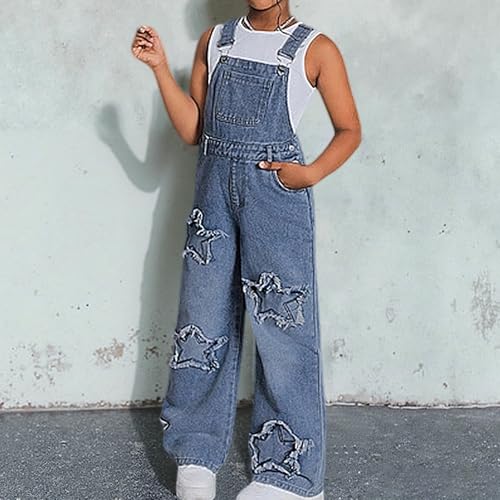 Salopette jean fille large motif étoile combinaison été automne enfant 5-14 ans - 2