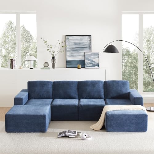 Image of LIANGFU 110“ U Shaped Sectional Sofa, Luxury Chenille Floor Couch Set, Modular Sectional Sofa, Chenille Upholstered Sofa, Sleeper Sectional Sofa, Sectional Couches for Living Room (Navy)