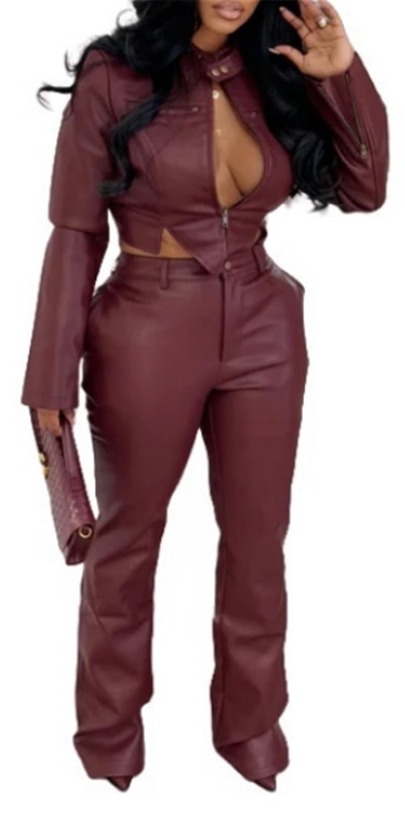Qikaka Womens 2 PCS PU Leather Cropped Jackets Bodycon Pants Sexy Nightclub Party Tracksuit Outfits Set