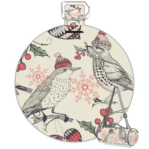 Shimoshe Ethnic Bird Picnic Outdoor Blanket Foldable Waterproof Sandproof Beach Blanket Portable Water-Resistant Round Picnic Mat for Travel Camping Park Lawn