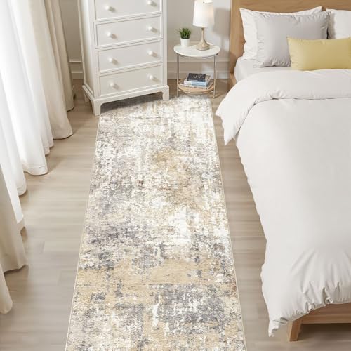 Runner Rug Kitchen Washable Rugs: 3x8 Non-Slip Abstract Soft Modern Stain Resistant Indoor Floor Neutral Accent Throw Carpet for Hallway Bathroom Laundry Room Entryway Bedroom- Gray Gold