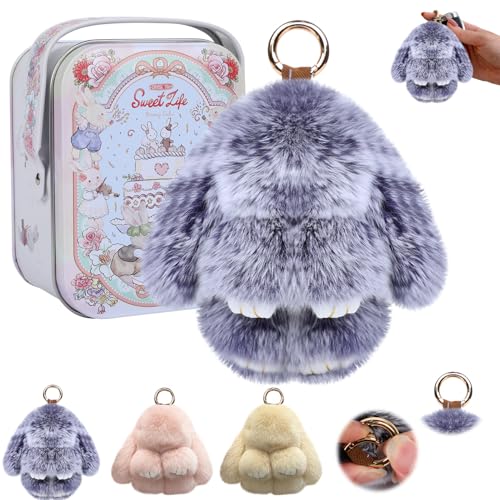 Lucift Bunny Keychain with Box Bunny Keychain with Tin Bun-ny Handmade Soft for Christmas Gifts Bags and Keys(Gray)