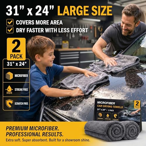 2 Pack Professional Large Microfiber Car Drying Towels (31" x 24"), Microfiber Towels for Cars, Scratch Free, Lint Free, Highly Absorbent Quick Drying Towel Cloth for Cars, Trucks Boats, Car Detailing β image 8
