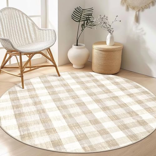 Image of Checkered Area Rug, 4 Ft, Round, Beige | Washable, Non Slip, Modern Neutral, For Living Room Bedroom Office Patio Dining Room