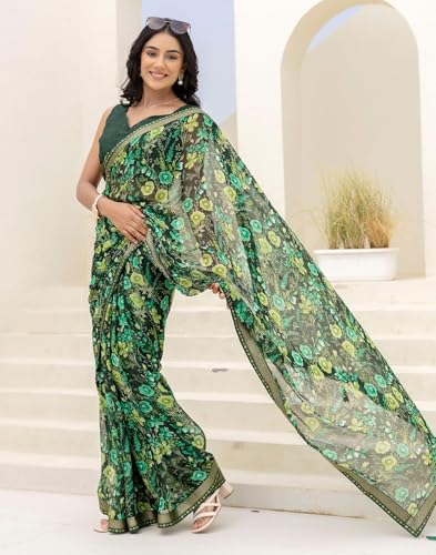 Image of SIRIL Women's Chiffon Printed Saree With Unstitched Blouse Piece