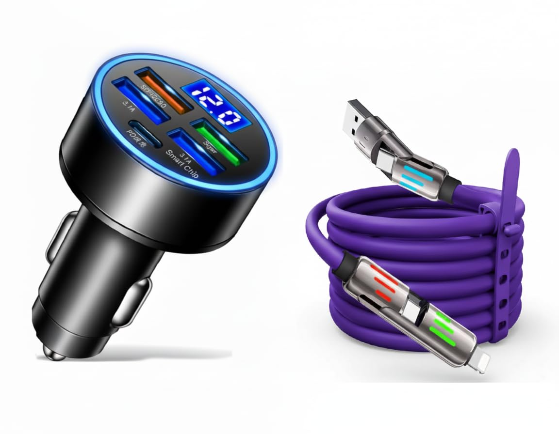 65w 4-in-1 fast charging car charger with retractable cable | usb a & usb c ports | built-in type-c & lightning cable | pd & qc smart car mobile charger for all smartphones & devices