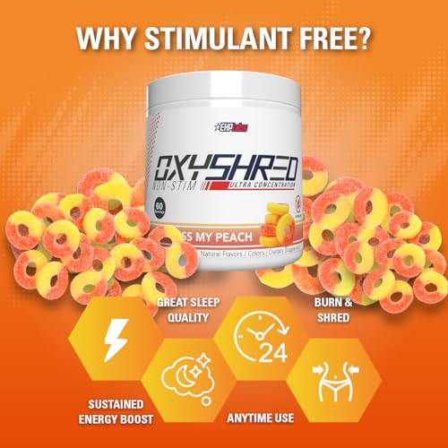 Image of EHP Labs OxyShred Non Stimulant Pre Workout Powder - Stim Free Pre Workout, Caffeine Free Preworkout for Men & Women with L Glutamine & Acetyl L Carnitine - Peach, 60 Servings