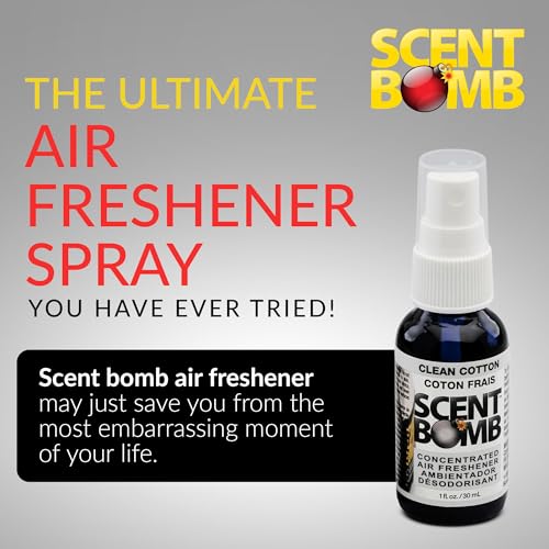 Image of Scent Bomb Air Freshener Spray, Long-Lasting Odor Eliminator - Effective Deodorizer for Home & Car, Fresh Room Spray for Kitchen, Bathroom & Smell Neutralizer - 1 oz Pack of 4, Clean Cotton Scent