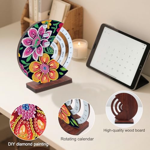 Image of AiYuanzsh DIY Diamond Art Tabletop Perpetual Calendar, 3D Wooden Desk Ornament with Floral Design, Sparkling Crystal Diamond Painting Kit for Desktop Decoration