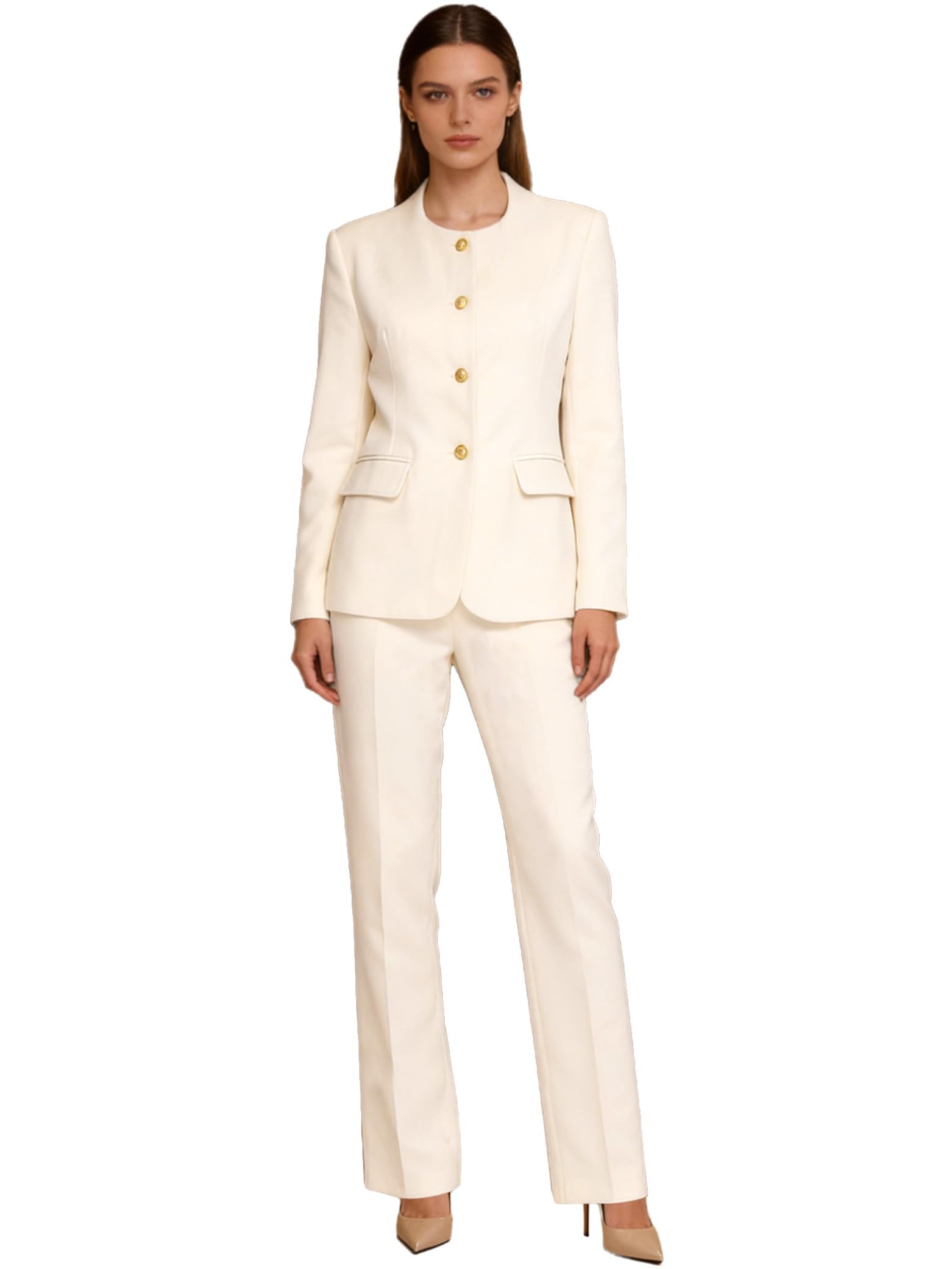Women’s Beige Formal Suit Set – Round Neck Blazer & Full-Length Wide Leg Trousers for Office, Weddings & Galas