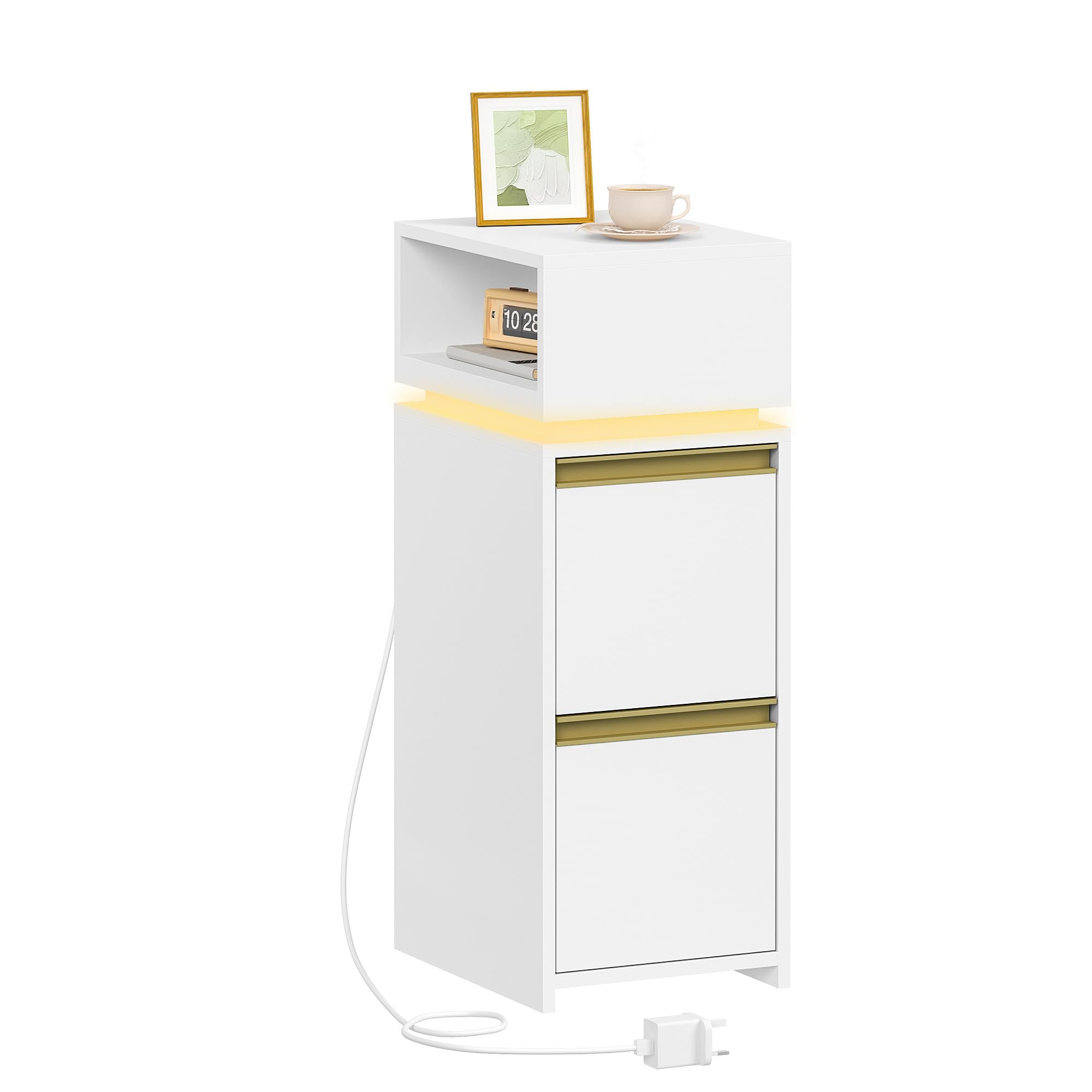 HEXCELEN Slim Bedside Table, Bedside Cabinet with LED Lighting, Small Nightstand with 2 Drawers and 1 Open Space, Side Table, for Bedroom, Living Room, Modern, White